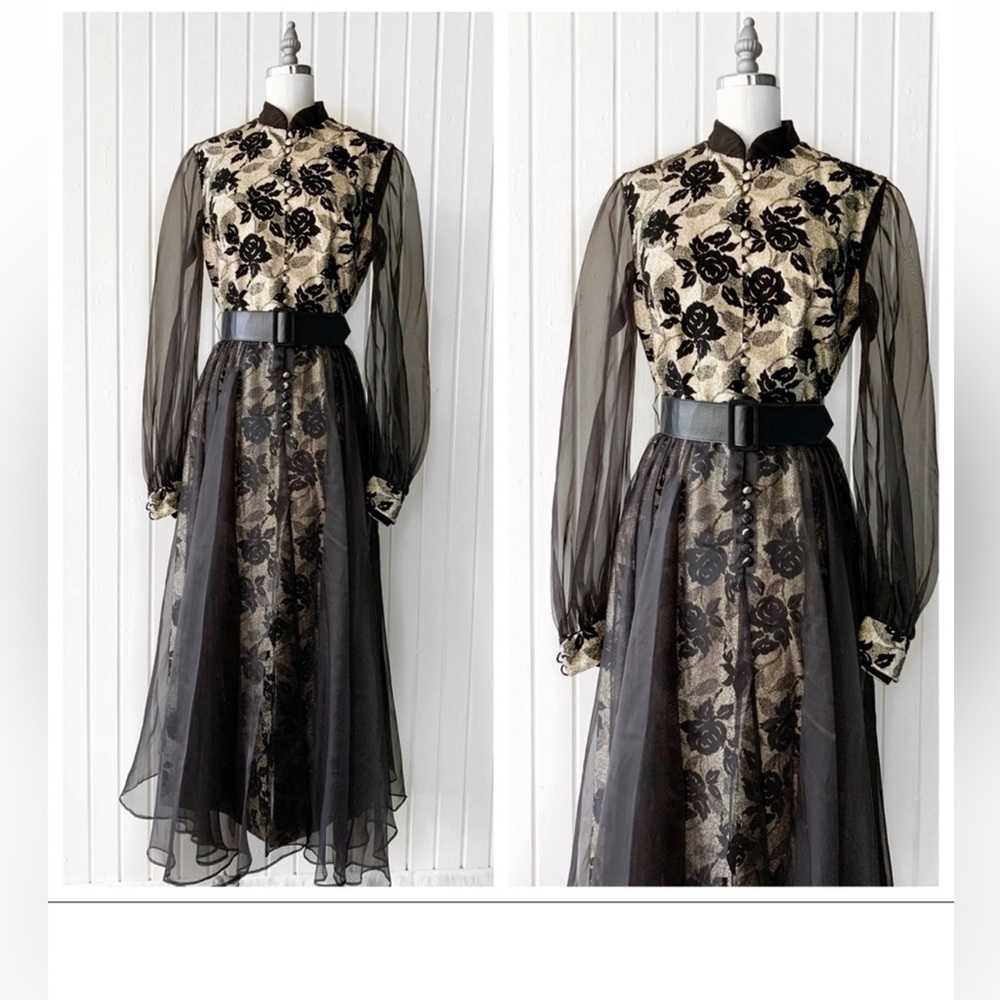 VTG 70s Mel Warshaw Gold Metallic Evening Dress